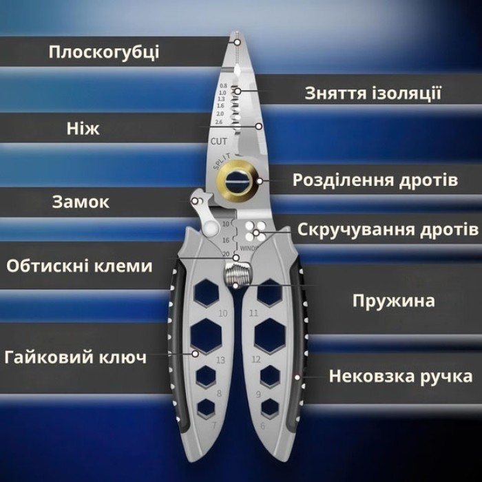 Інструмент для зняття ізоляції 16 в 1, стискання клем, зачистки проводів Мультитул стрипер XZ-60