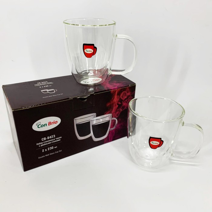 Скляні чашки для кави з подвійним дном Con Brio CB-8423-2, 2шт, 230мл, Прозорі склянки з подвійним дном WV-71