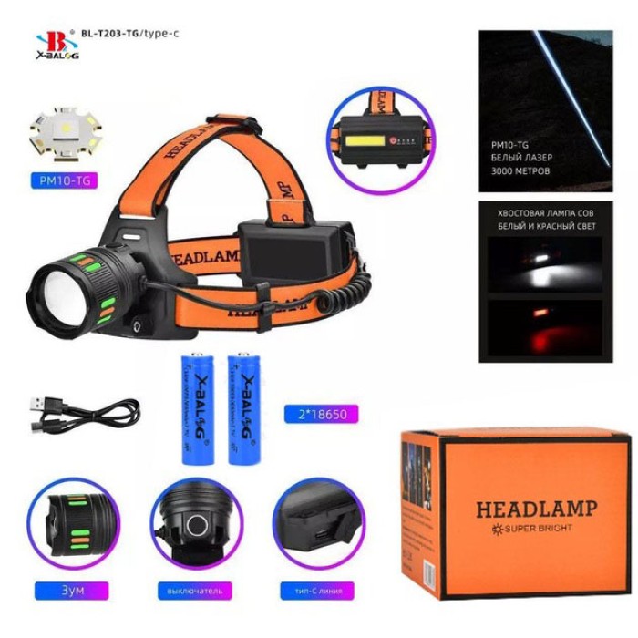 Налобний ліхтар для автомеханіка BL-T203-TG+COB(white+red), Налобна лампа, Ліхтар на голову для бігу IZ-44