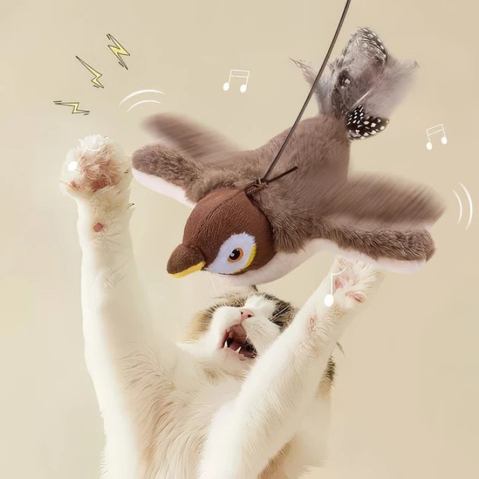 Інтерактивна іграшка для кішок літаюча пташка горобець для кота птах махає крилами DY-37