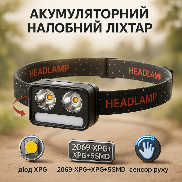 Ліхтар налобний 2069-XPG+XPG+5SMD Motion sensor