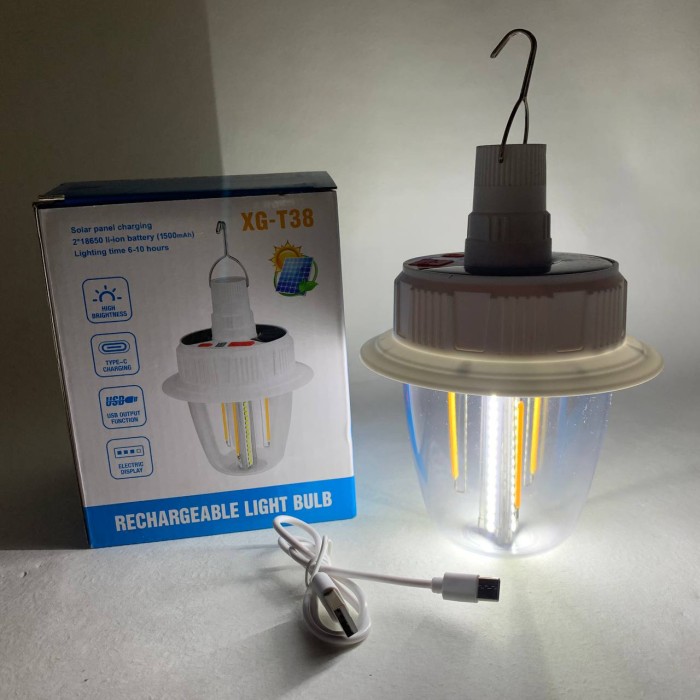 Світлодіодна LED лампа з акумулятором T38-COB+SMD(RGB) 2x18650 сонячна батарея