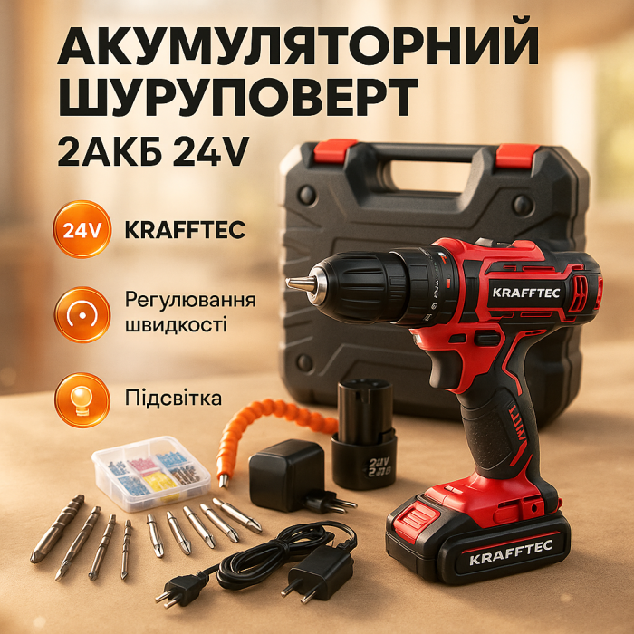 Акумуляторний шуруповерт із запасним акумулятором KRAFFTEC, Ручний інструмент шуруповерт QG-84
