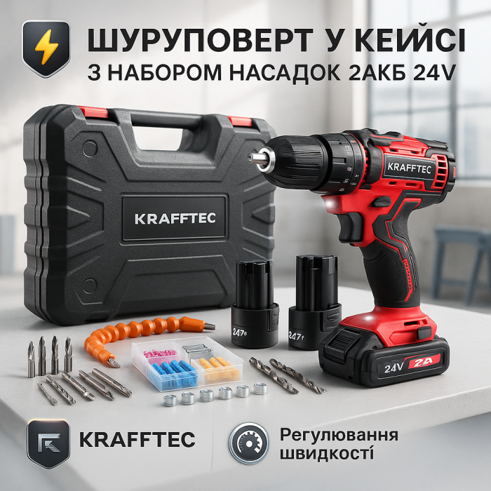 Акумуляторний шуруповерт із насадками KRAFFTEC 24V