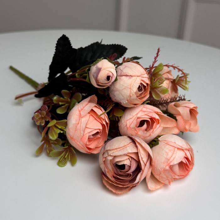 Букет Ранункулюсів штучний, 30 см, 5 стебел, 8 квіток/мікс (2 букети в уп.). Колір: персиковий MG-36