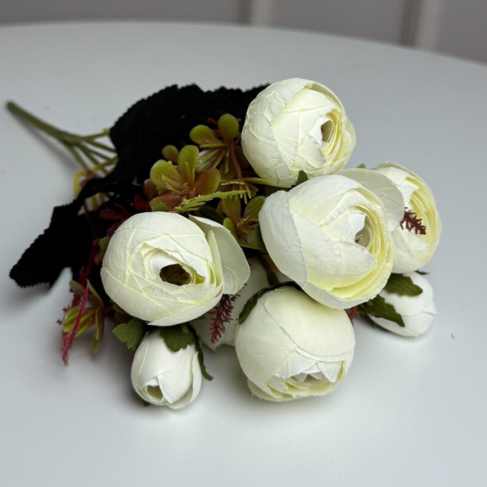 Букет Ранункулюсів штучний, 30 см, 5 стебел, 8 квіток/мікс (2 букети в уп.). Колір: білий IF-31