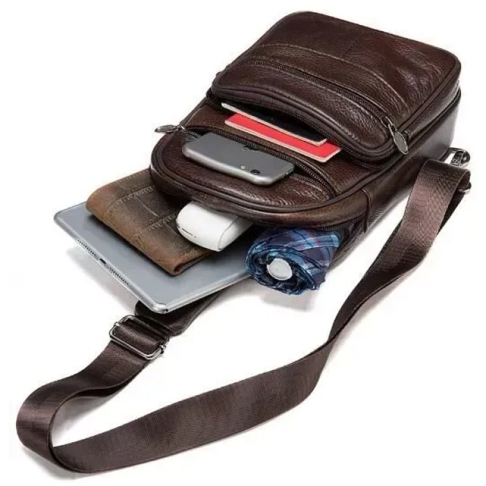 Стильна чоловіча шкіряна сумка слінг,середнього розміру з якісної італійської шкіри у фірмовій упаковці UG-23