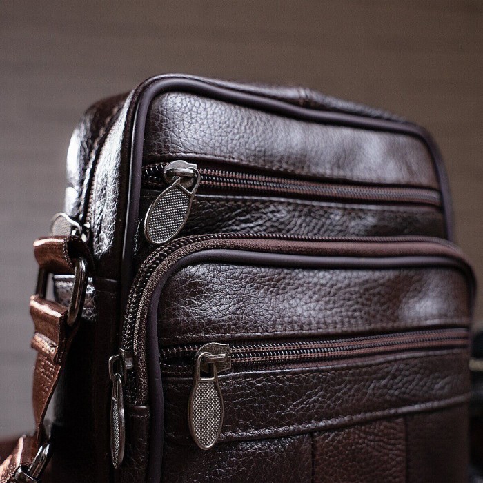Чоловіча сумка з натуральної італійської шкіри, коричнева, компактний месенджер, кросбоді PU-45