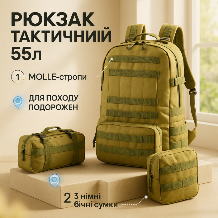 Рюкзак тактичний 55л з трьома підсумками! Якісний штурмовий для походу подорожей великий рюкзак баул