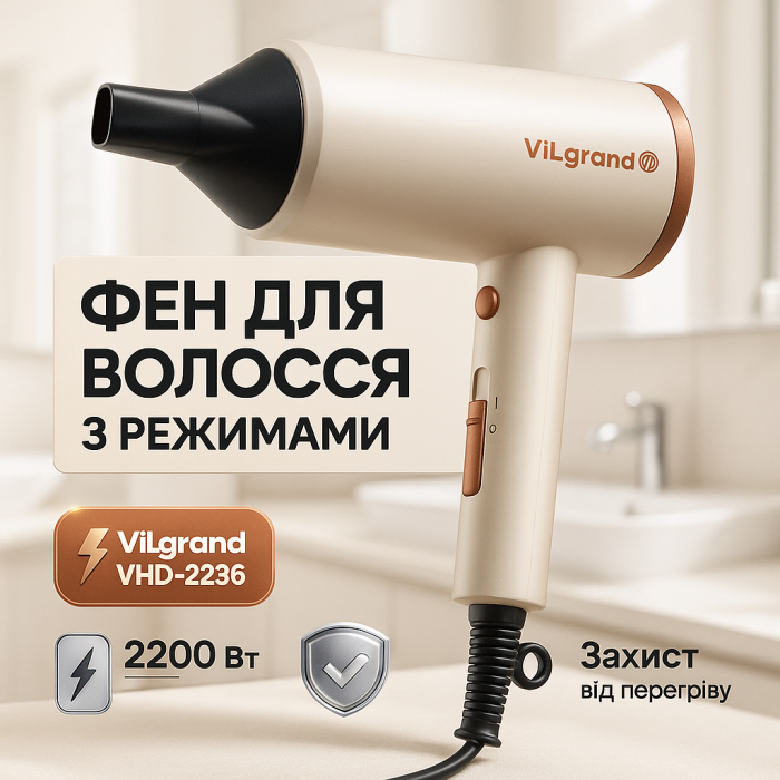 Електрофен для волосся з додатковими насадками ViLgrand VHD-2236 2200Вт, Сучасний фен для волосся WR-78