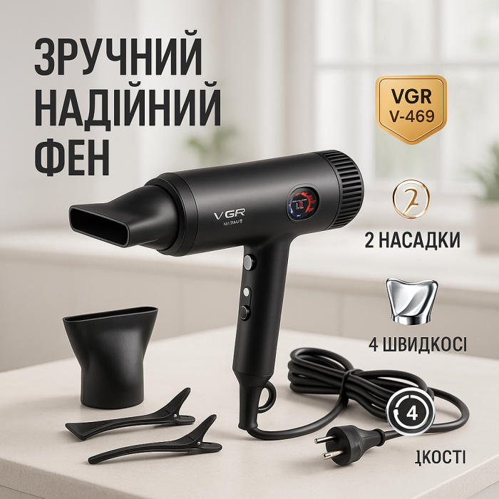 Фен з іонізацією для укладання VGR V-469 2400Вт, Потужний фен для волосся Сучасний волосся BF-83