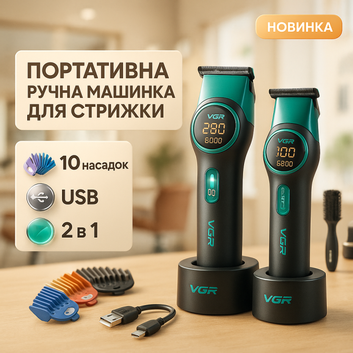 Комплект VGR 2 в 1 V-885 S2 GREEN, акумуляторна машинка для стрижки та триммер