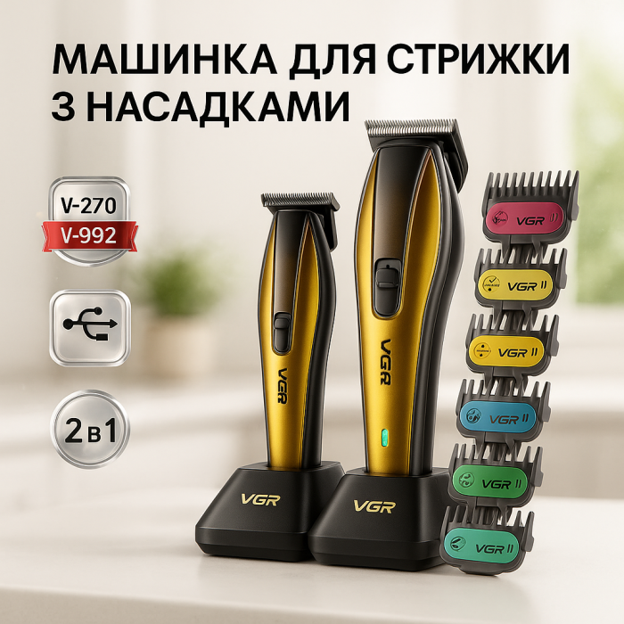 Машинка для стрижки волосся з різними насадками VGR V-270 V-992 GOLD, Миюча машинка для стрижки HS-53