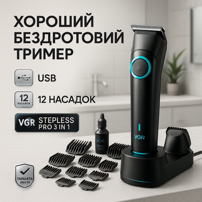Бездротовий акумуляторний тример для стрижки волосся VGR, Електрична машинка для стрижки з насадками CU-28