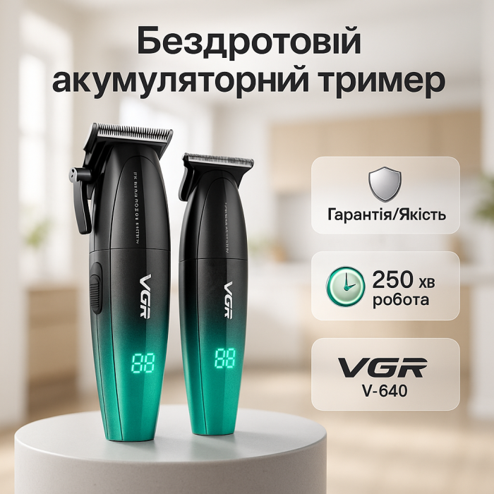 Набір для стрижки VGR 2 в 1 V-640 GREEN, акумуляторна машинка для стрижки та триммер