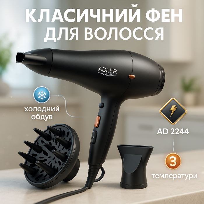 Професійний фен оригінал Adler AD 2244 2000Вт, Фен з холодним і теплим режимами, Електрофен з насадками FC-58