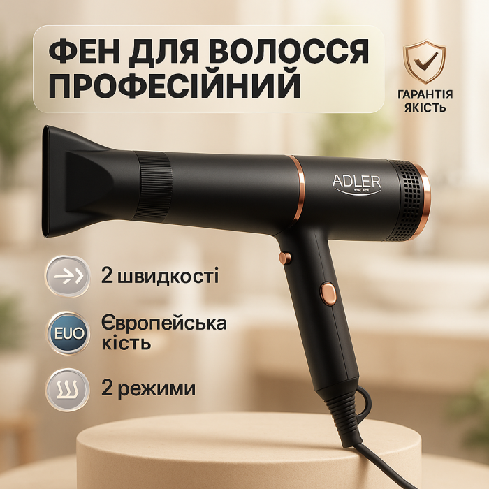 Фен Adler AD 2278 Black 1400Вт 2 швидкості 2 режими іонізація концентратор захист від перегріву
