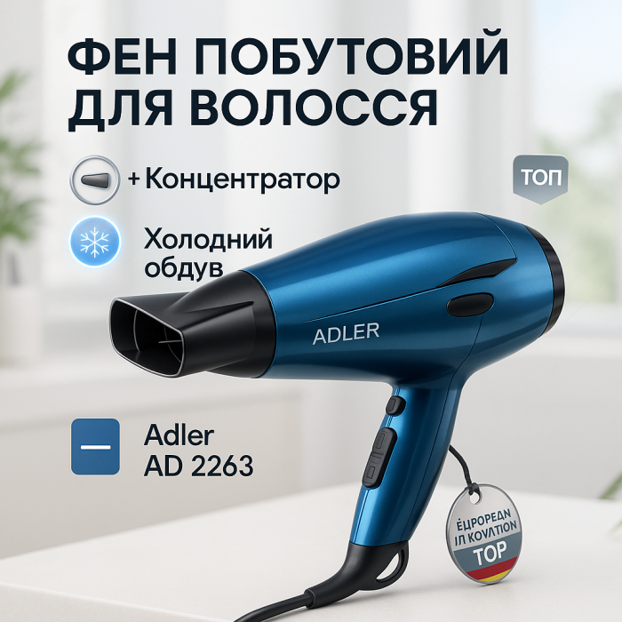 Фен практичний Adler, Фен для укладання волосся салонний, Функціональна щітка для сушіння RC-28