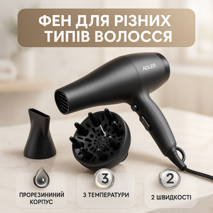 Фен для укладання середнього волосся Adler AD 2267 2100Вт, Сучасний фен для волосся TP-57