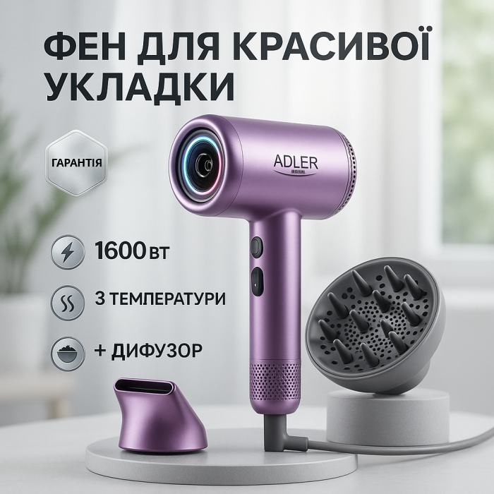 Фен для волосся з режимами ADLER AD 2270P 1600Вт, Фен для волосся з регульованою температурою EM-23