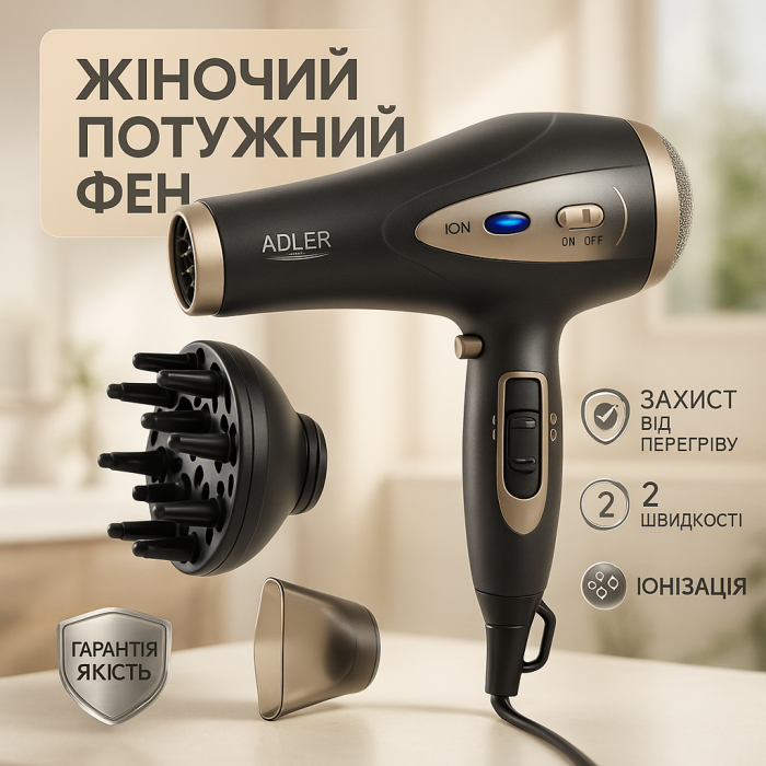 Фен з іонізацією та дифузором Adler AD 2248 grey 2400Вт