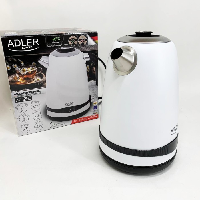 Чайник металевий Adler AD 1295w 1.7л 1850Вт електричний з терморегулятором 40-100 °С White