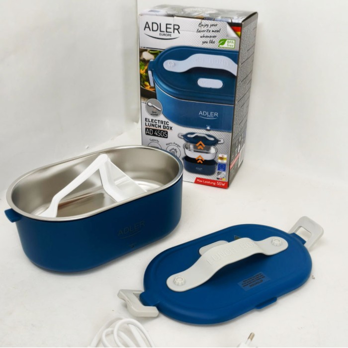 Ланч бокс з підігрівом електричний Adler AD 4505 Blue 55 Вт металевий для їжі з кришкою 0.8 л 220В