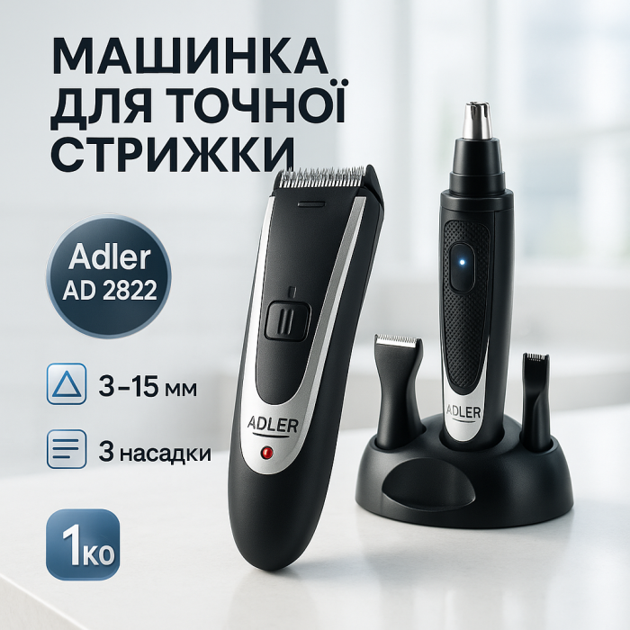Машинка для стрижки Adler AD 2822 чоловічий тример з насадками для голови носа вух та тіла