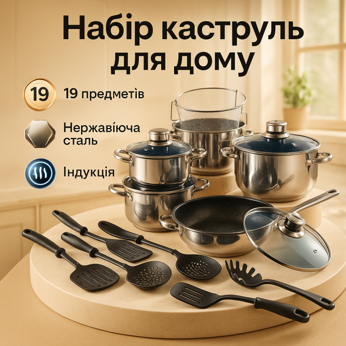 Набір кухонного посуду UNIQUE UN-5039 із нержавіючої сталі 19 предметів