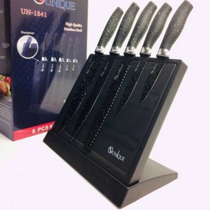 Набір ножів UNIQUE UN-1841 з нержавіючої сталі з підставкою + точила 6 предметів RP-29