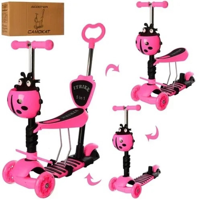 Самокат триколісний з сидінням та батьківською ручкою Сонечко 5 в 1 Pink ZH-82