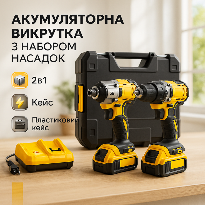 Шуруповерт у кейсі з набором насадок, Акумуляторний шуруповерт зі зручною рукояткою KP-87