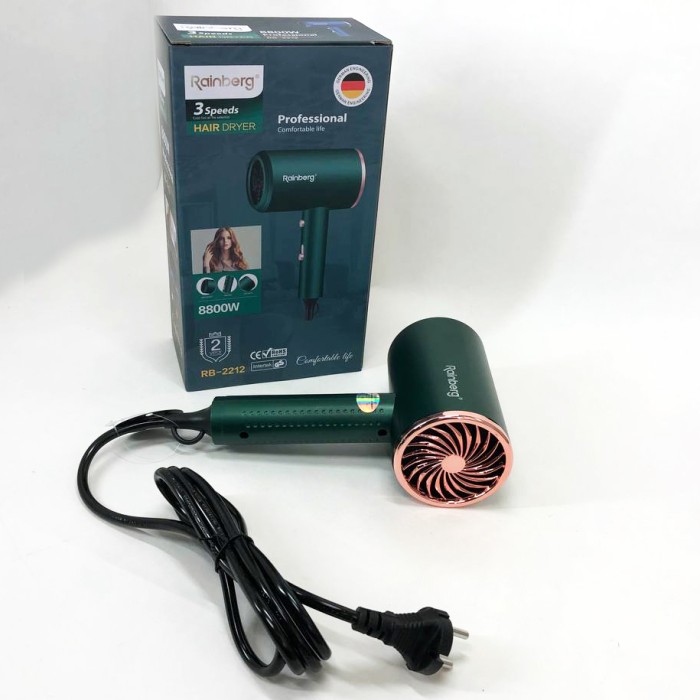 Фен Rainberg RB-2212 8800Вт з регуляцією температури та швидкості для сушіння та укладання волосся Green