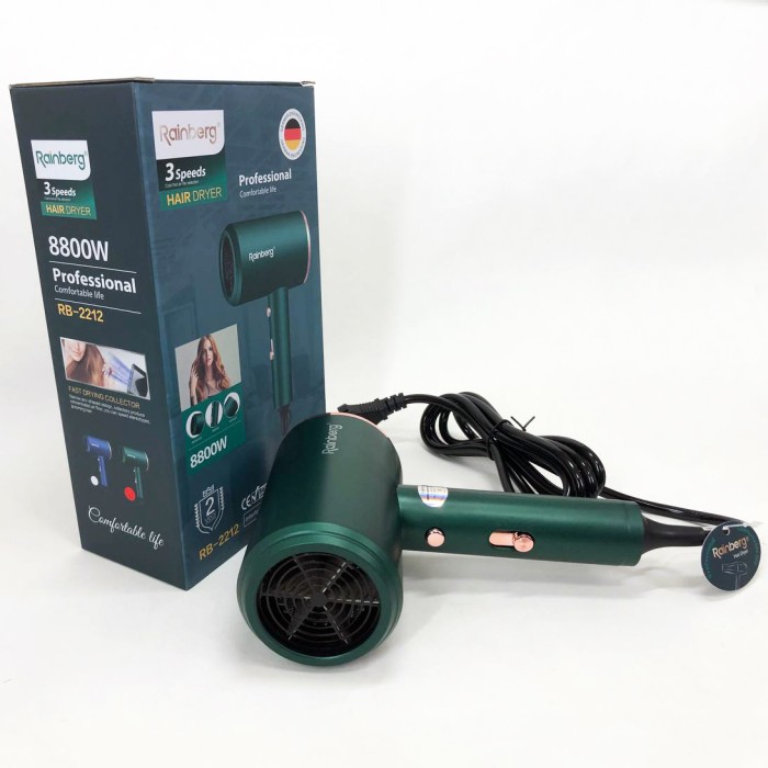 Фен Rainberg RB-2212 8800Вт з регуляцією температури та швидкості для сушіння та укладання волосся Green