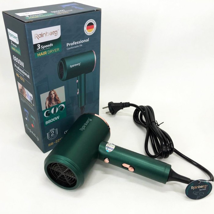 Фен Rainberg RB-2212 8800Вт з регуляцією температури та швидкості для сушіння та укладання волосся Green