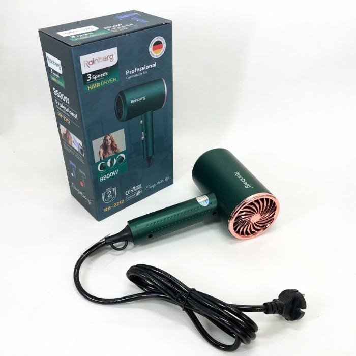 Фен Rainberg RB-2212 8800Вт з регуляцією температури та швидкості для сушіння та укладання волосся Green