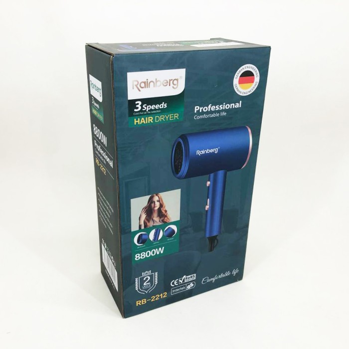 Фен Rainberg RB-2212 8800Вт з регуляцією температури та швидкості для сушіння та укладання волосся Blue