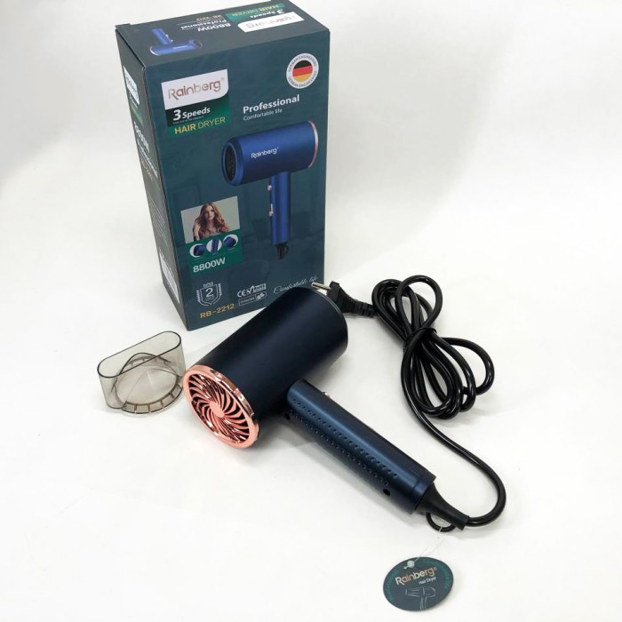 Фен Rainberg RB-2212 8800Вт з регуляцією температури та швидкості для сушіння та укладання волосся Blue