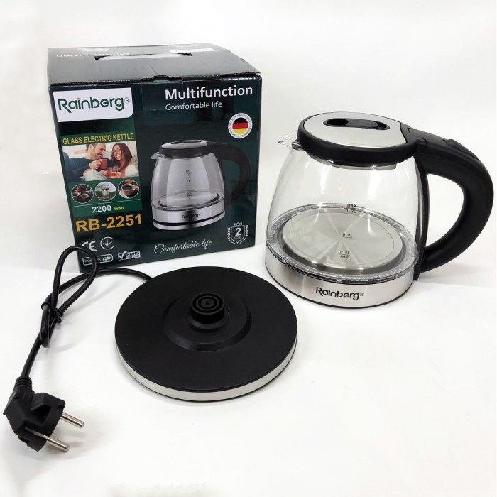 Електрочайник скляний Rainberg RB-2251 - 1л, стильний електричний чайник, безшумний чайник IG-61