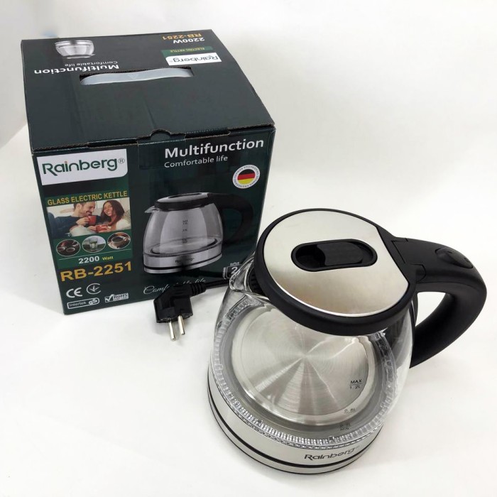 Електрочайник скляний Rainberg RB-2251 - 1л, стильний електричний чайник, безшумний чайник IG-61