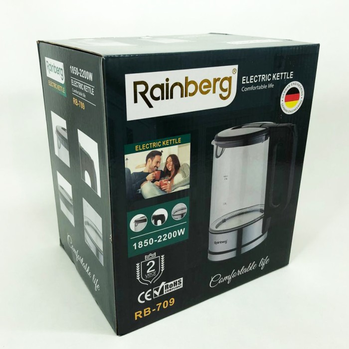 Дисковий електричний чайник Rainberg RB-709 скляний із підсвічуванням, безшумний чайник. Колір: чорний PD-70