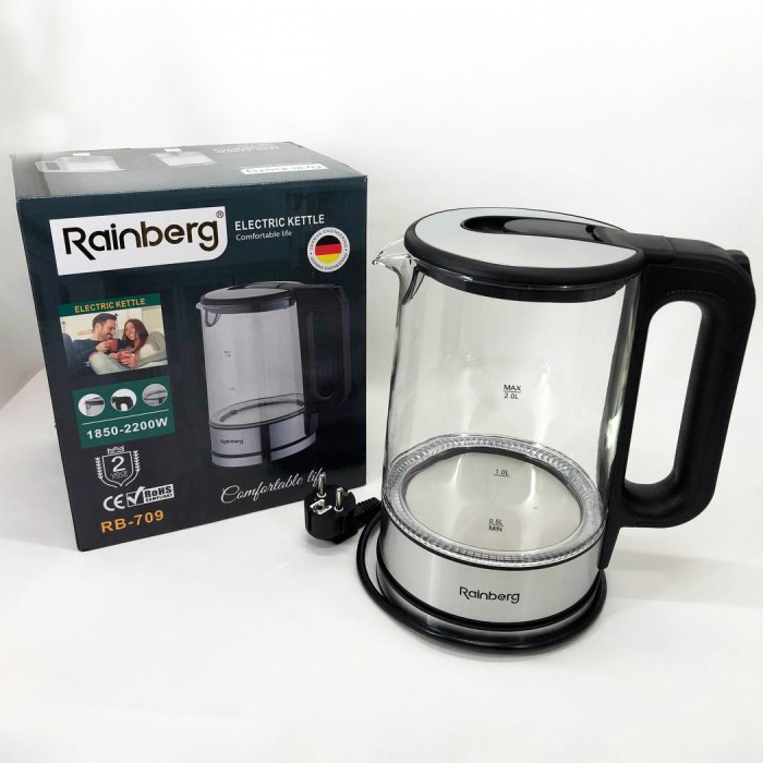 Дисковий електричний чайник Rainberg RB-709 скляний із підсвічуванням, безшумний чайник. Колір: чорний PD-70