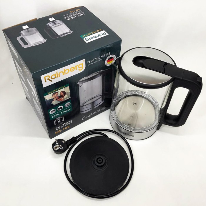 Дисковий електричний чайник Rainberg RB-709 скляний із підсвічуванням, безшумний чайник. Колір: чорний PD-70
