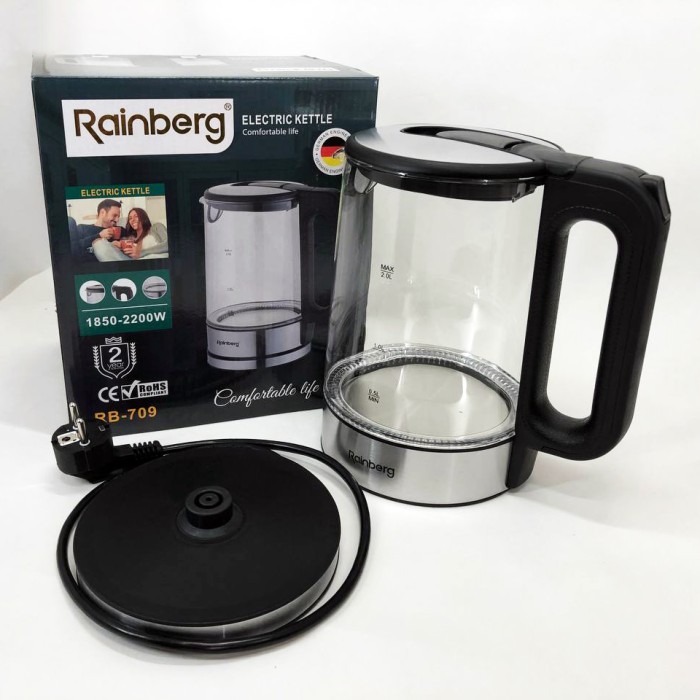 Електрочайник стильний Rainberg, Електричний чайник зі світлодіодним індикатором, Гарний скляний чайник TG-18