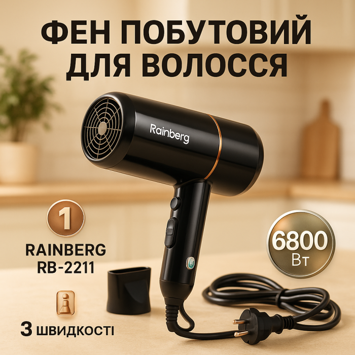 Хороший потужний фен Rainberg RB-2211, Фен для дому та салону професійний домашній для волосся ZV-61