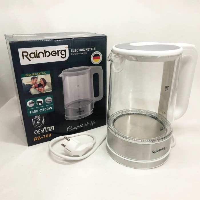 Дисковий електричний чайник Rainberg RB-709 скляний з підсвічуванням, чайник електро. Колір: білий UI-52
