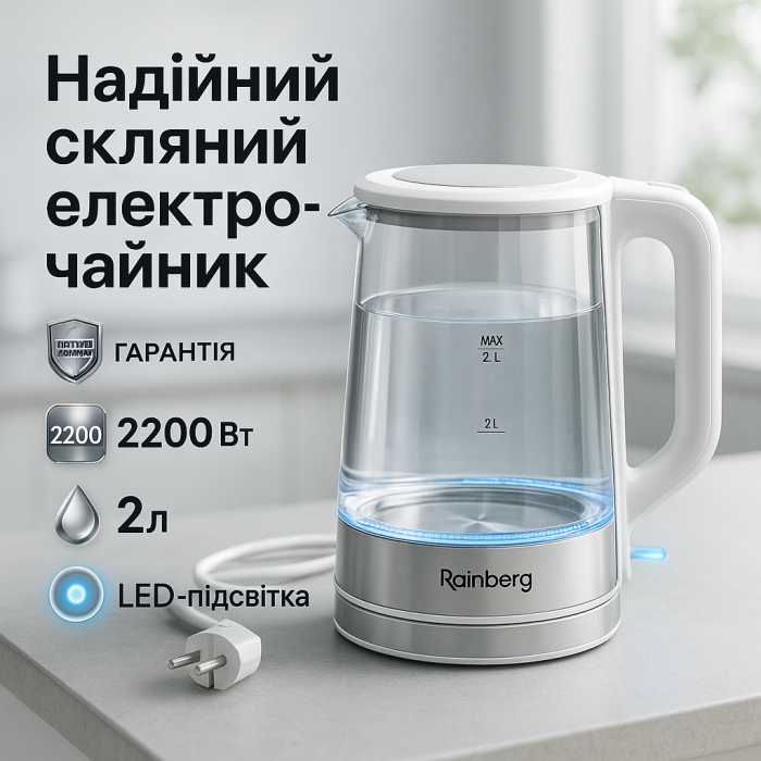 Побутовий чайник для кухні Rainberg, Електрочайник з контролем рівня води, Електрочайник зручний UL-64