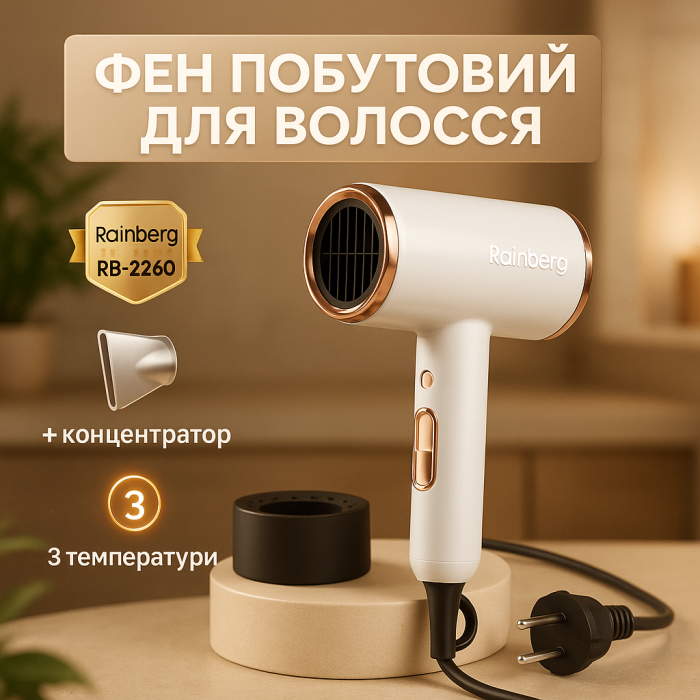 Фен стайлер Rainberg RB-2260 для волосся 3 швидкості 3 режими температури іонізація 1500Вт White