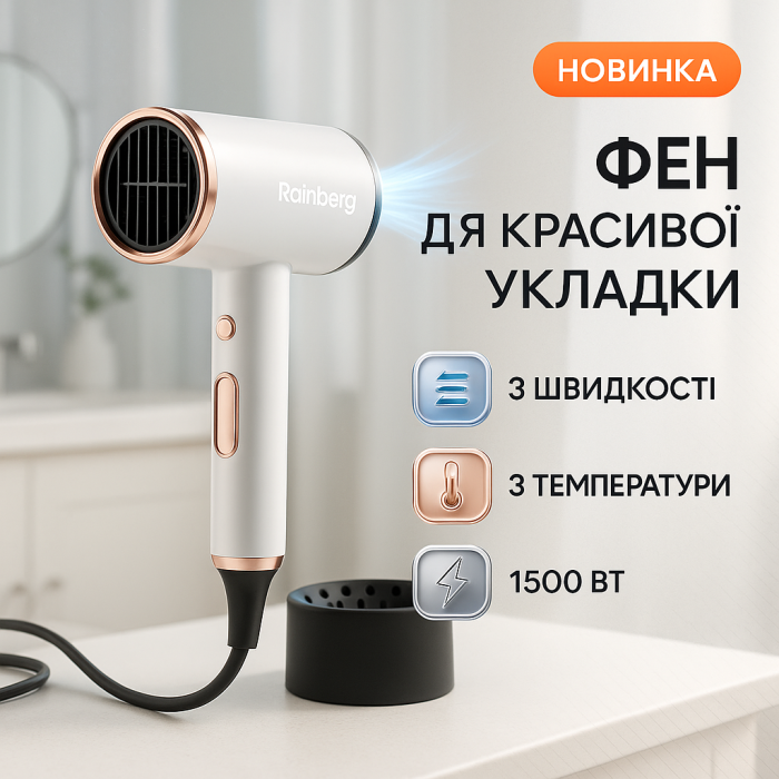 Фен-стайлер для сушіння волосся Rainberg RB-2260 1500Вт, Хороший електричний фен, Хороший потужний фен GV-88
