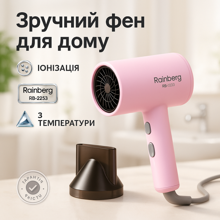 Професійний фен для волосся з іонізацією Rainberg RB-2253 2000Вт Pink